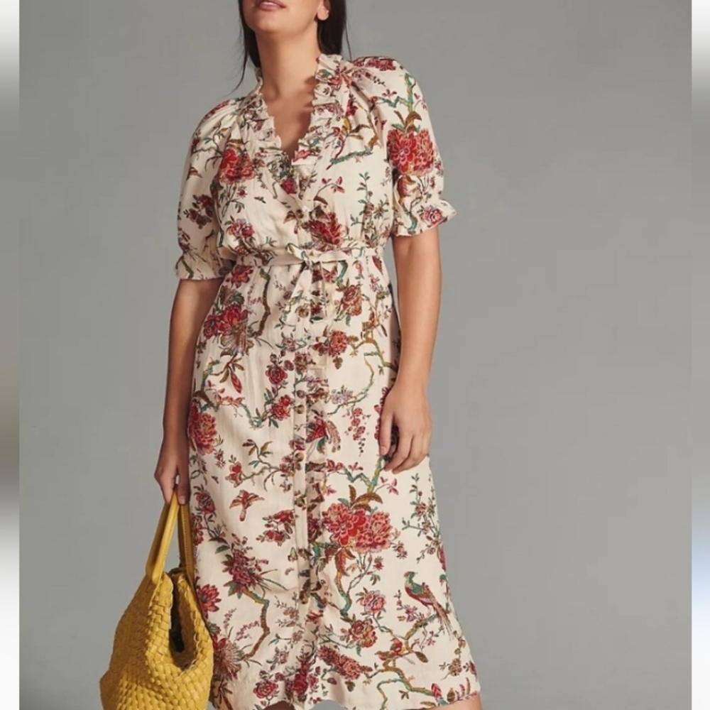 Anthropologie Pilcro Ruffle Collar Button Down Midi Dress Linen Florals Birds
